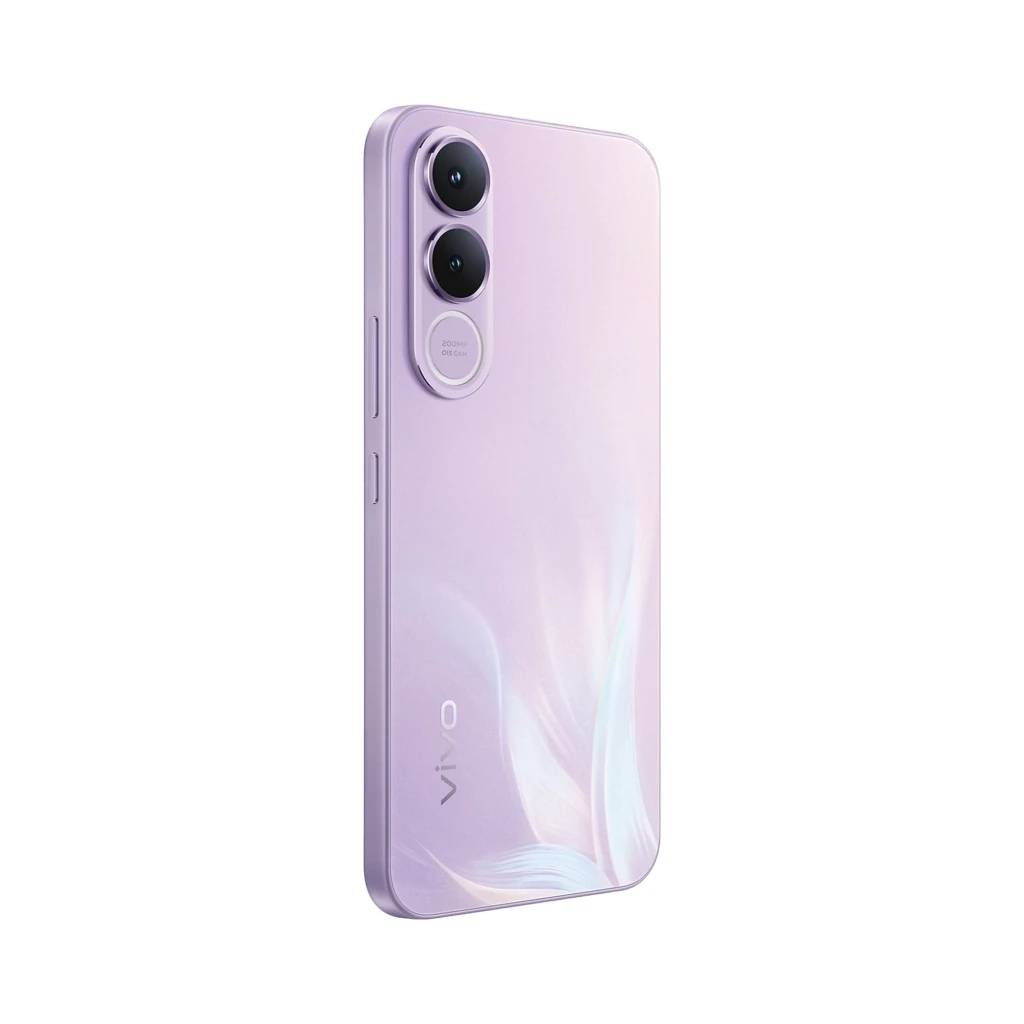 Vivo V70 FE 5G color lila con acabado perlado, doble cámara trasera vertical con anillo 200MP y bordes curvos; diseño delgado y elegante