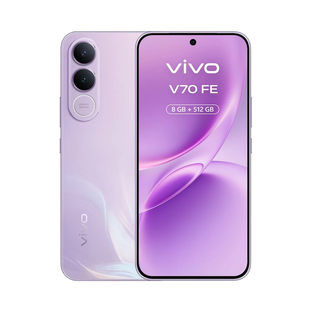 Smartphone lila Vivo V70 FE 5G con pantalla amplia, doble cámara trasera destacada y frontal en orificio central; diseño elegante y acabado perlado