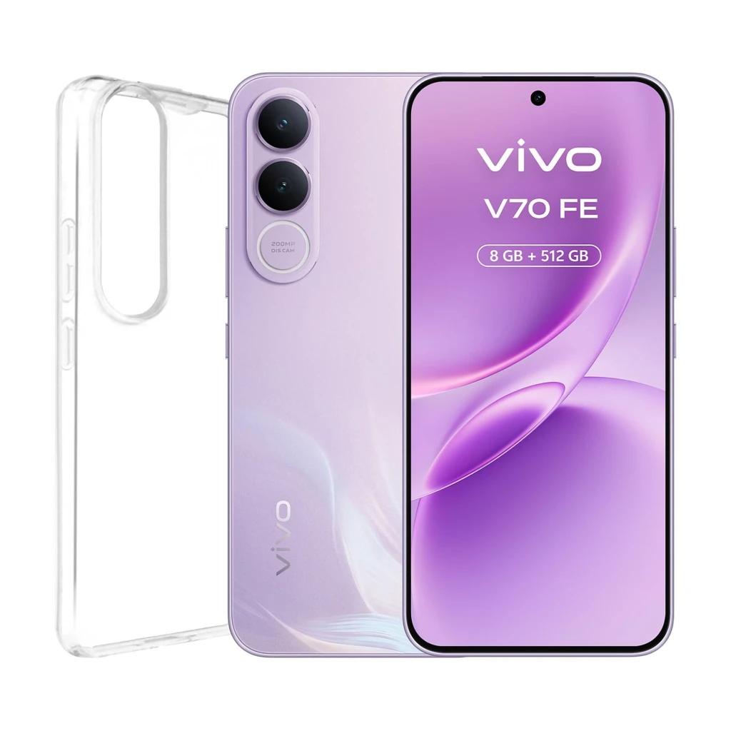 Vivo V70 FE 5G lila con pantalla frontal perforada, doble cámara trasera 200 MP, 8 GB + 512 GB, incluye cargador 90 W, auriculares y funda transparente