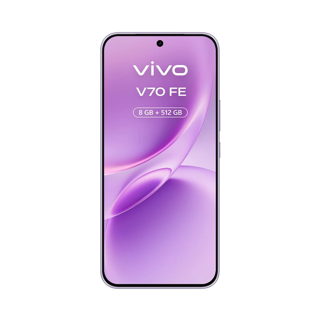 Smartphone Vivo V70 FE 5G lila con pantalla frontal completa, cámara frontal en orificio centrado, bordes delgados y diseño curvo brillante