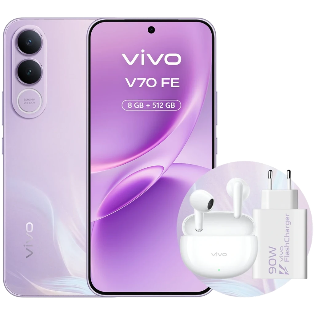 Vivo V70 FE 5G lila con pantalla AMOLED, doble cámara trasera circular 200MP, frontal perforada, incluye cargador 90W y auriculares inalámbricos