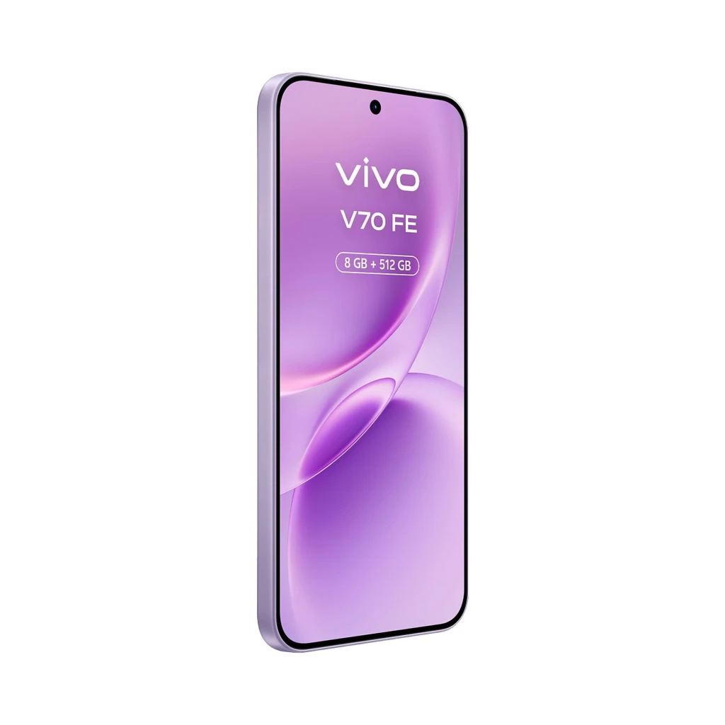 Smartphone Vivo V70 FE 5G color lila con pantalla sin marcos y perforación central, bordes metálicos y texto 8 GB + 512 GB en display brillante