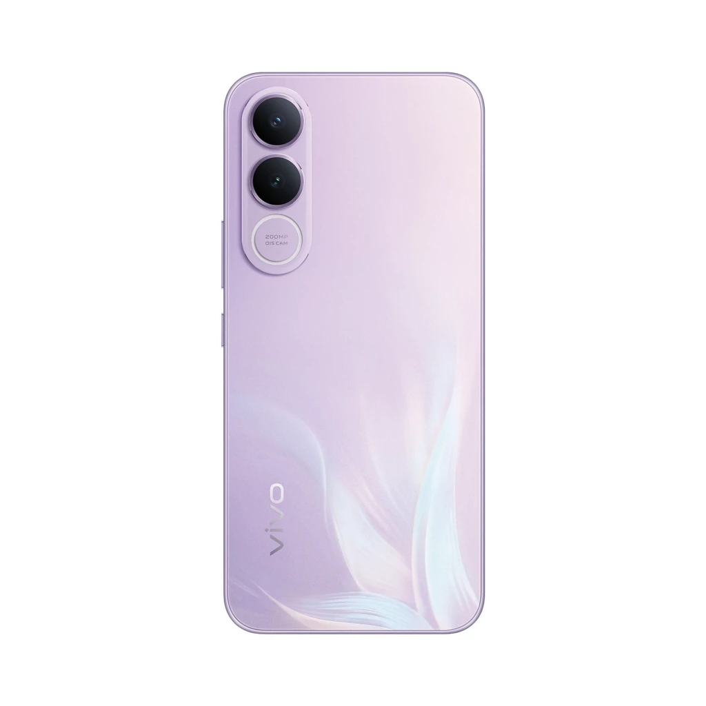 Smartphone lila con dos cámaras traseras grandes, módulo vertical 200MP, acabado perlado con reflejos suaves y logo Vivo en la parte inferior izquierda