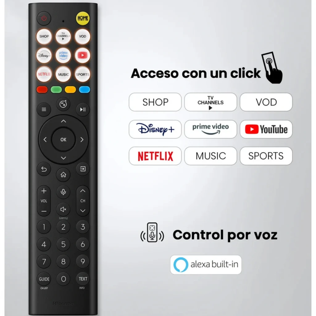 Control remoto Hisense 75E7S con acceso rápido a apps, teclas dedicadas para streaming, navegación intuitiva y micrófono para control por voz con Alexa