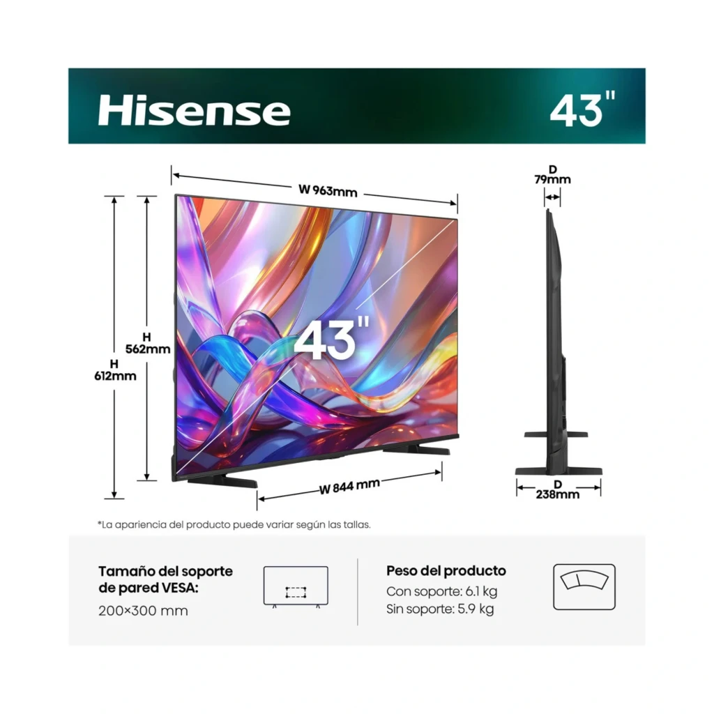 Hisense 43E7S Smart TV QLED 43 pulgadas 4K negro, marco delgado, perfil ultrafino 79 mm, base estable, soporte VESA 200x300 mm, pantalla vibrante