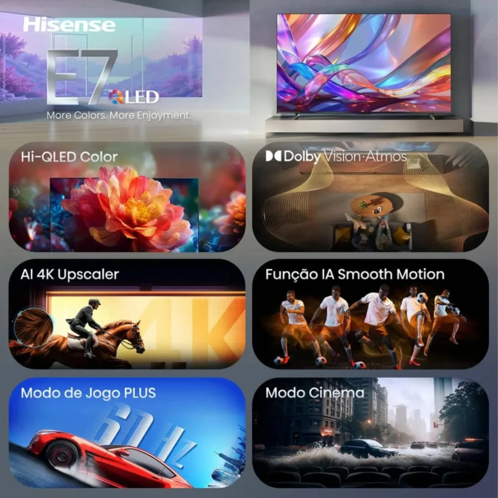 Hisense 75E7S Smart TV QLED 75" 4K negro con Hi-QLED Color, Dolby Vision-Atmos, IA 4K Upscaler, Smooth Motion, Modo Juego PLUS y Modo Cinema