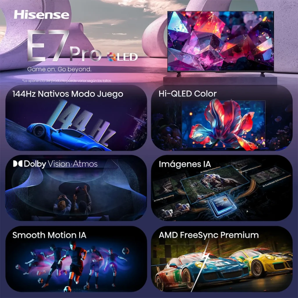 Hisense 65E7S PRO QLED 65 pulgadas 4K negro con 144Hz, Hi-QLED Color, Dolby Vision Atmos, IA para imágenes y movimiento, AMD FreeSync Premium