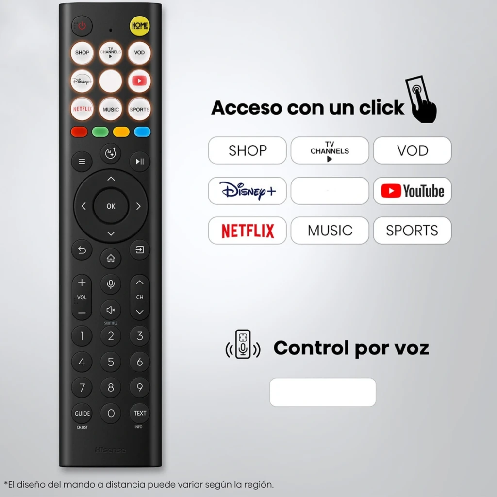 Mando a distancia negro Hisense con botones dedicados a Netflix, YouTube, Disney+, accesos rápidos a TV Channels, VOD, Sports y control por voz