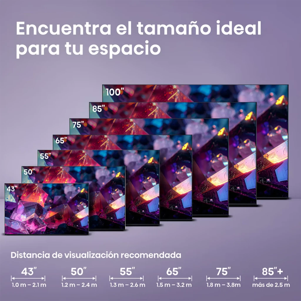 Hisense 65E7S PRO Smart TV QLED 65 pulgadas 4K color negro con biseles delgados. Pantalla grande y vibrante ideal para salas, recomendaciones de distancia.