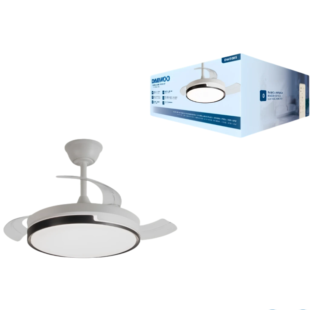 Ventilador de techo Daewoo DW5005 blanco con luz LED integrada, 3 aspas retráctiles, diseño moderno y compacto, 30 W y control de 6 velocidades