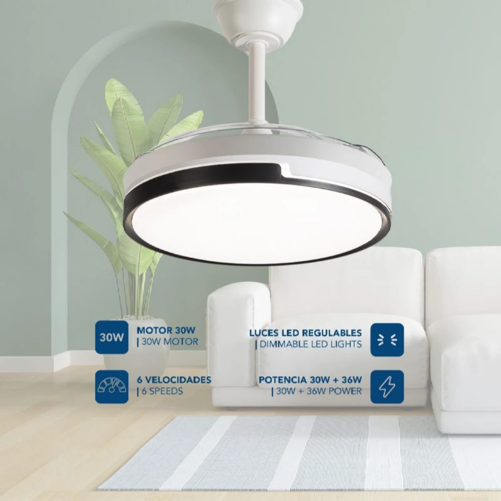 Ventilador de techo Daewoo DW5005 con luz LED regulable, aro negro y cuerpo blanco, motor 30 W, 6 velocidades, diseño moderno para sala de estar