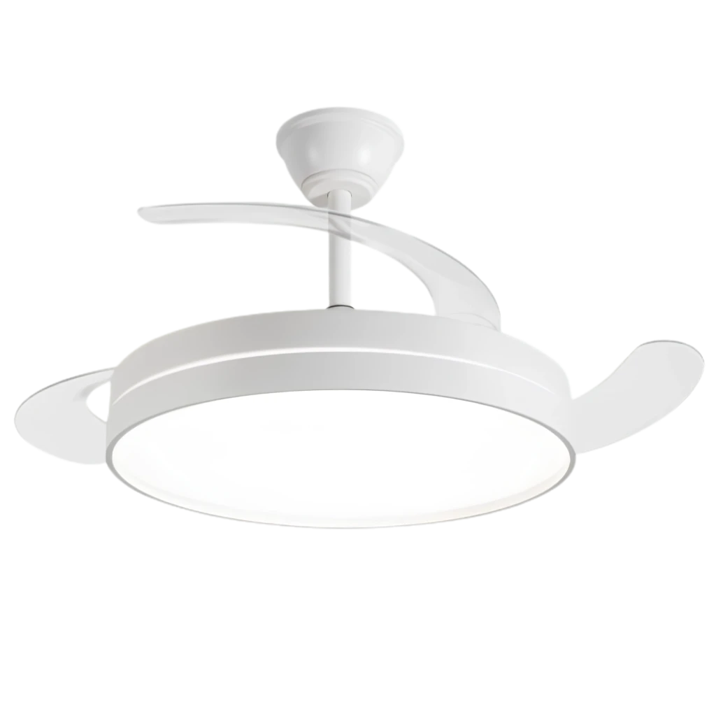 Daewoo DW5008 Ventilador de techo blanco con luz LED integrada, aspas retráctiles curvadas y diseño moderno compacto, 30 W y 6 velocidades