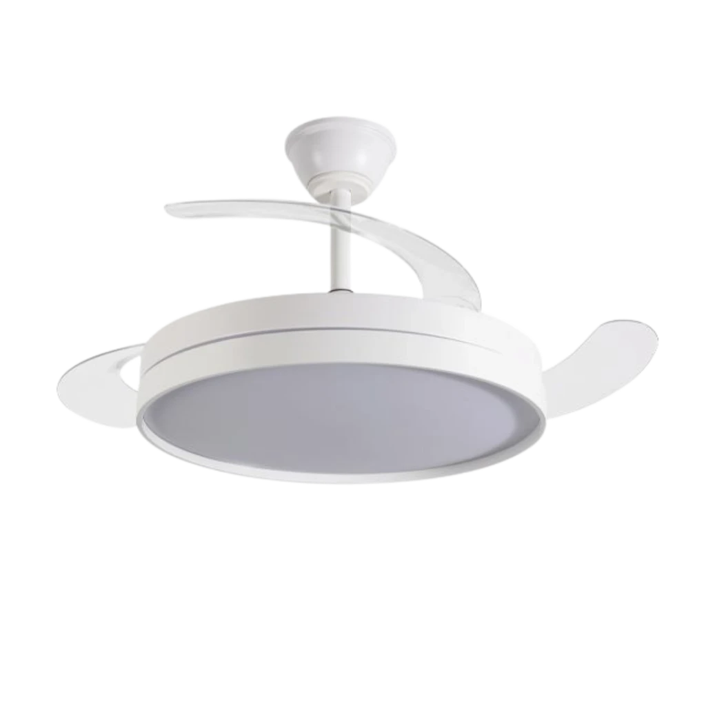 Ventilador de techo blanco con luz LED central y aspas retráctiles curvadas, diseño moderno y compacto, ideal para espacios pequeños, 6 velocidades, 30 W