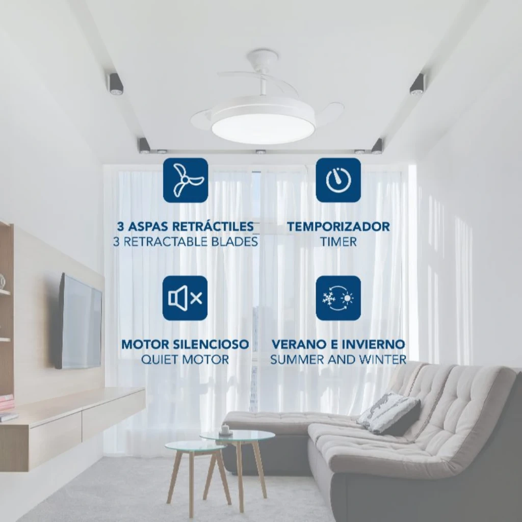 Daewoo DW5008 Ventilador de Techo 30 W con 3 aspas retráctiles, luz LED circular, 6 velocidades, temporizador y modo verano invierno en acabado blanco