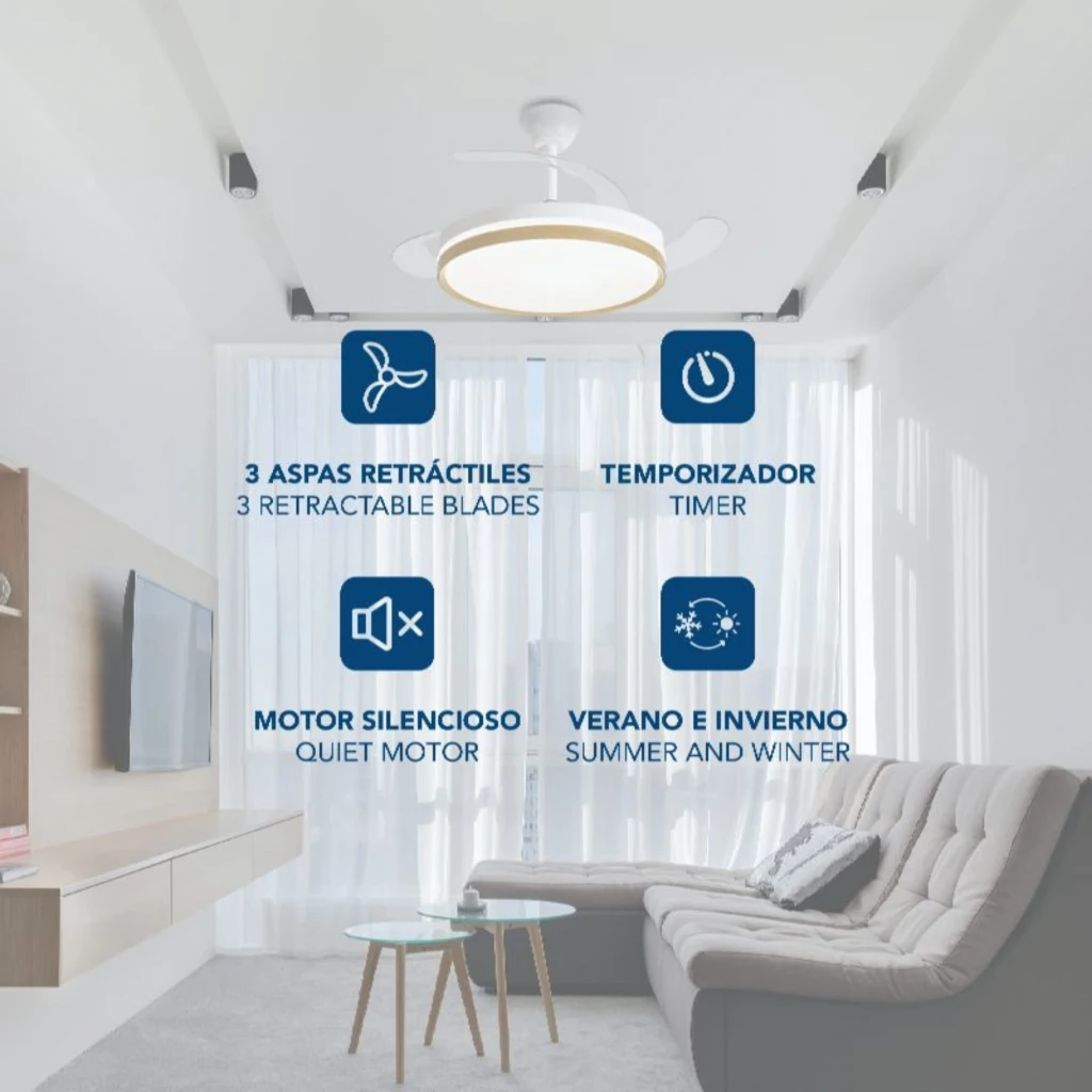 Daewoo DW5010 Ventilador de Techo 30 W con 3 aspas retráctiles, luz LED circular, 6 velocidades, temporizador y modo verano e invierno. Motor silencioso.