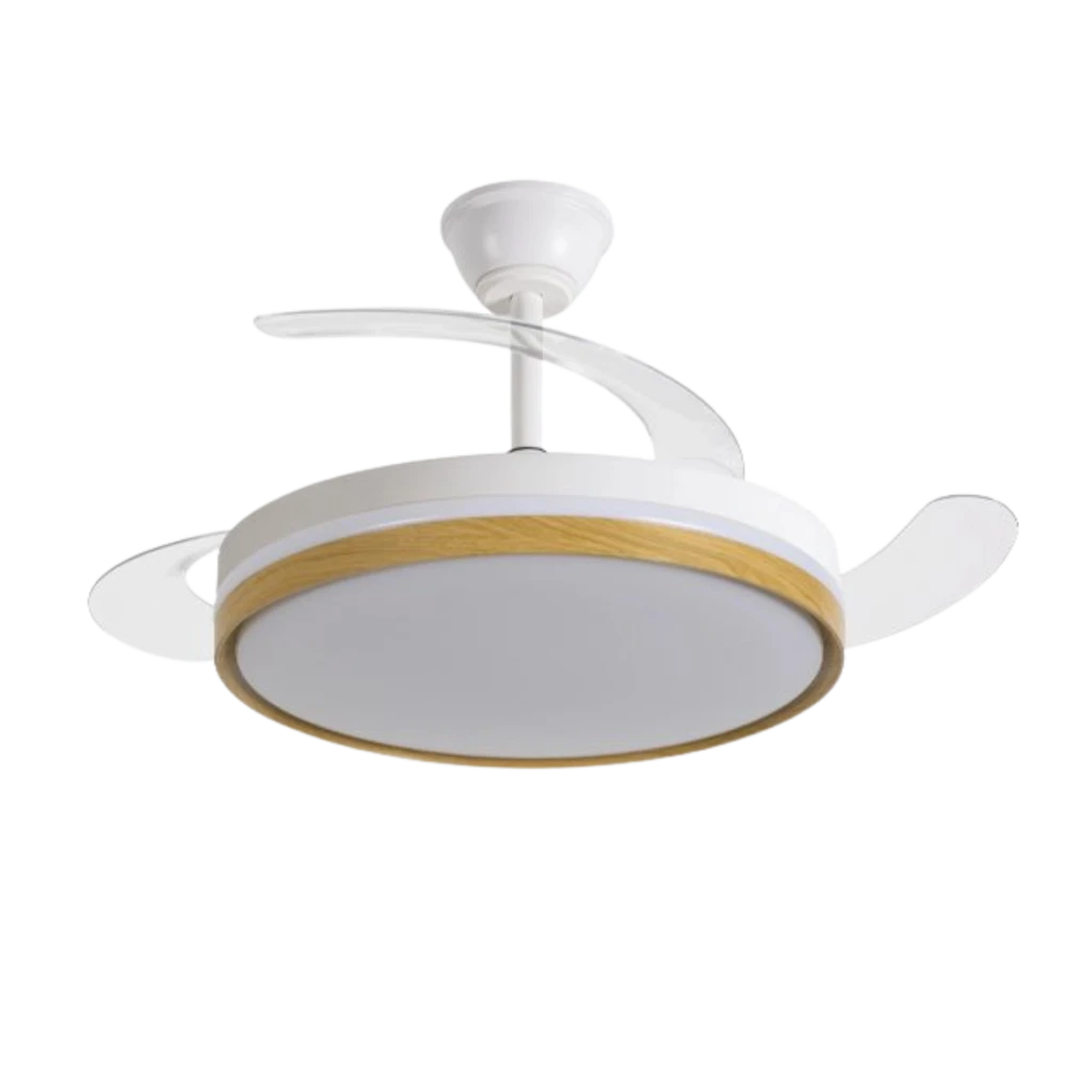 Daewoo DW5010 Ventilador de Techo 30 W 6 Velocidades con lámpara LED central, cuerpo blanco, aro efecto madera y aspas curvadas retráctiles