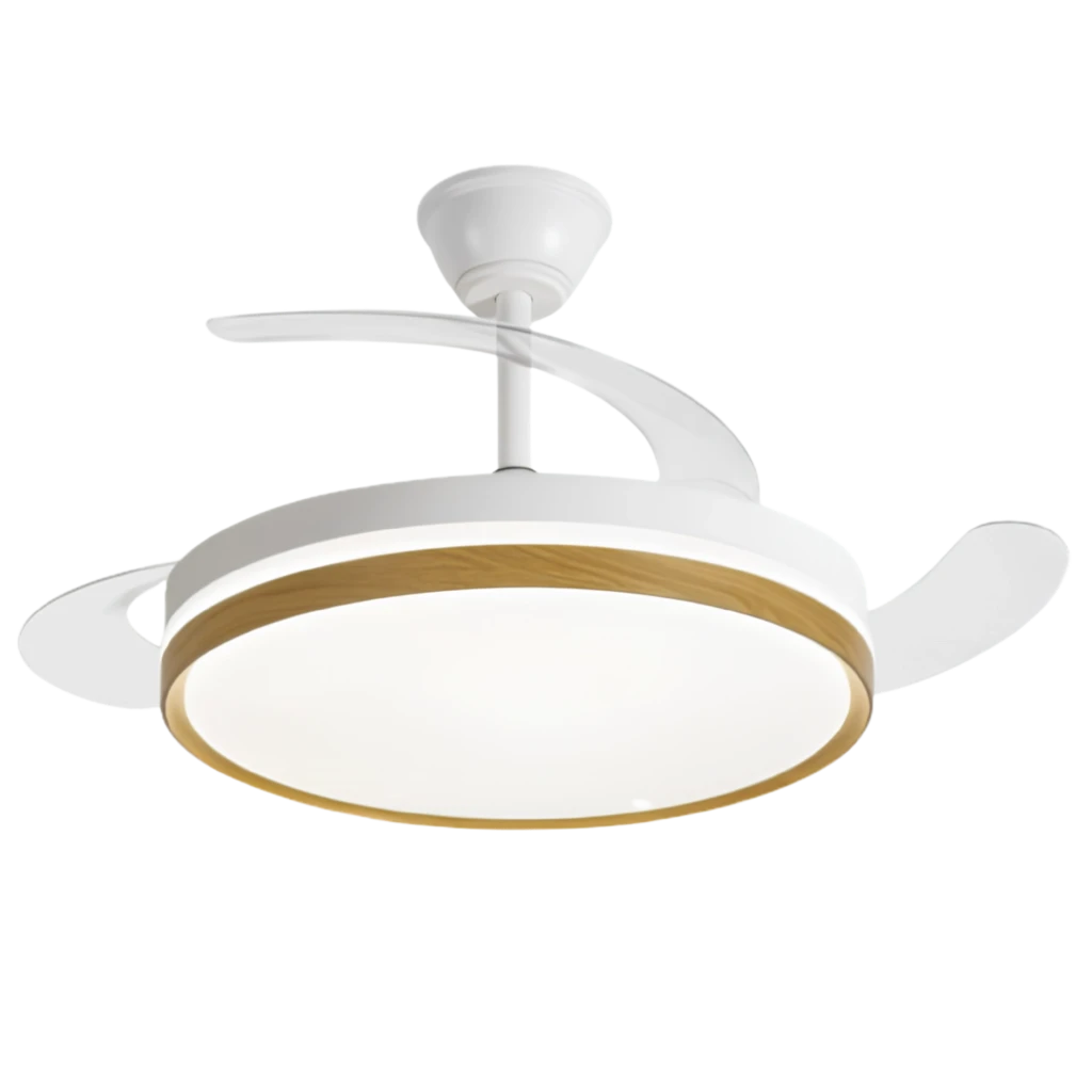 Daewoo DW5010 ventilador de techo 30 W con 6 velocidades, diseño blanco con aro efecto madera y luz LED integrada; aspas curvas retráctiles