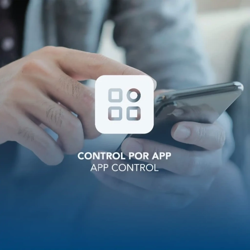 Daewoo DW5010 Ventilador de Techo 30 W 6 Velocidades con control por app; icono de aplicación y mano usando smartphone para manejar el ventilador