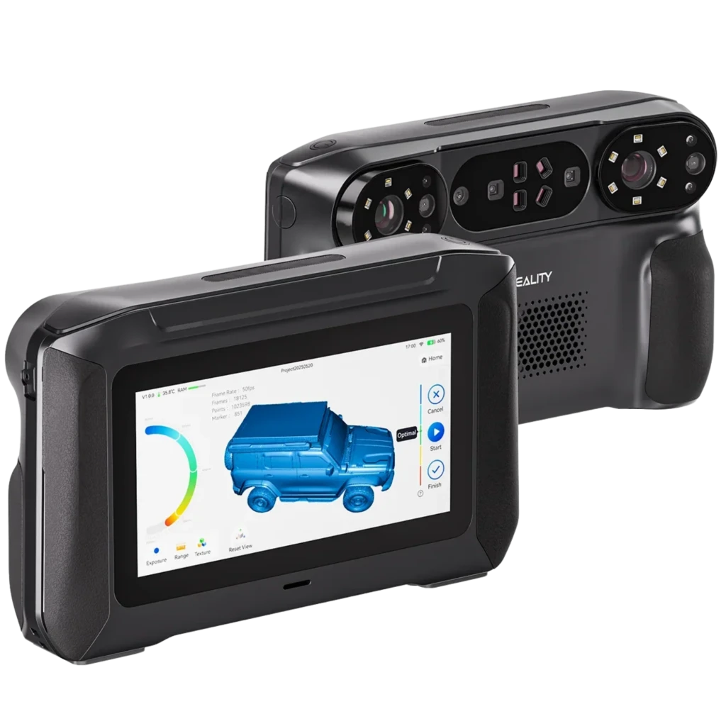 Escáner 3D portátil Creality Sermoon P1 con pantalla táctil, cámaras duales y luces integradas; precisión 0,02 mm, 100 FPS y conectividad inalámbrica