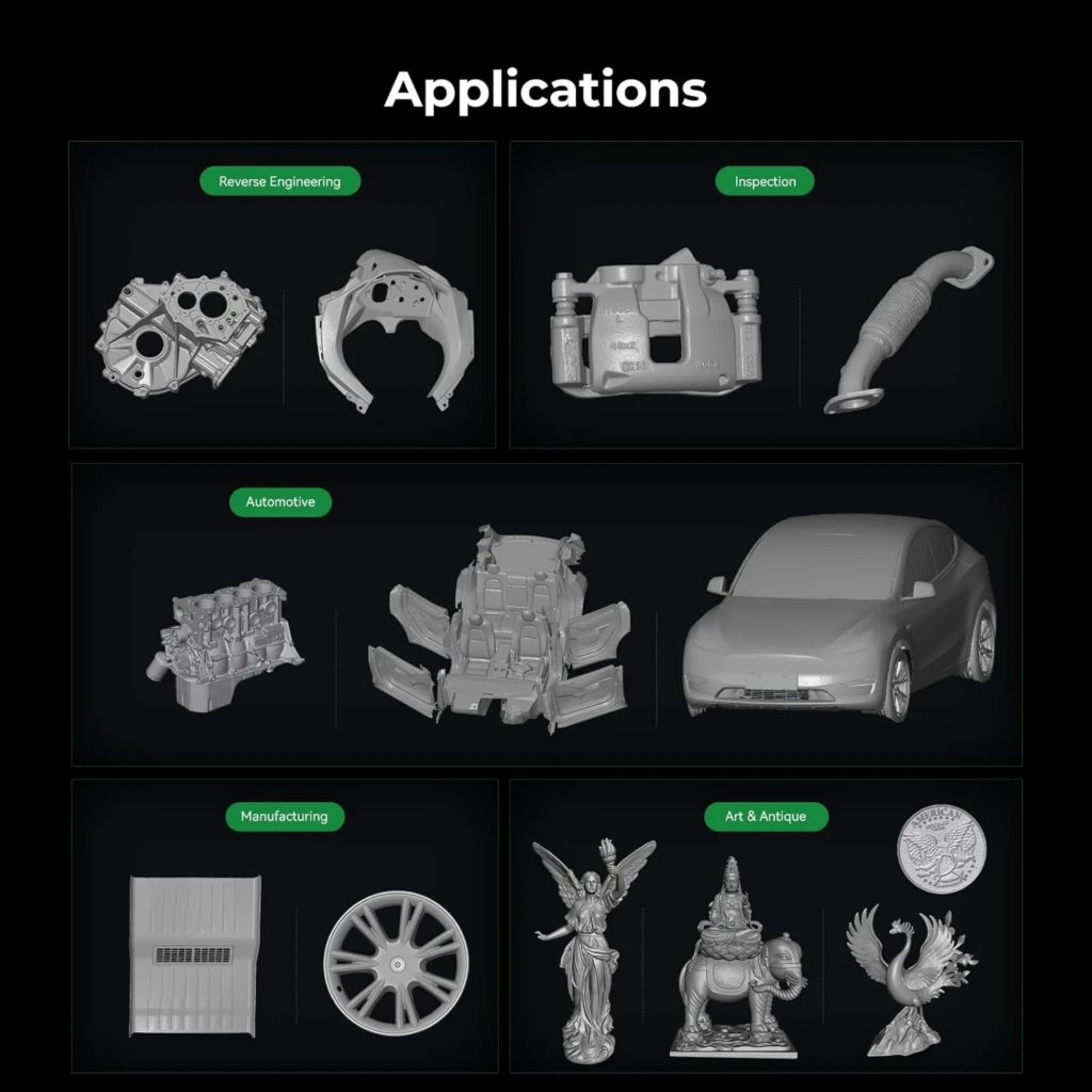 Creality CR-Scan Raptor Pro Escáner 3D: ejemplos de escaneos detallados en ingeniería inversa, inspección, automotriz, manufactura, arte y antigüedades.
