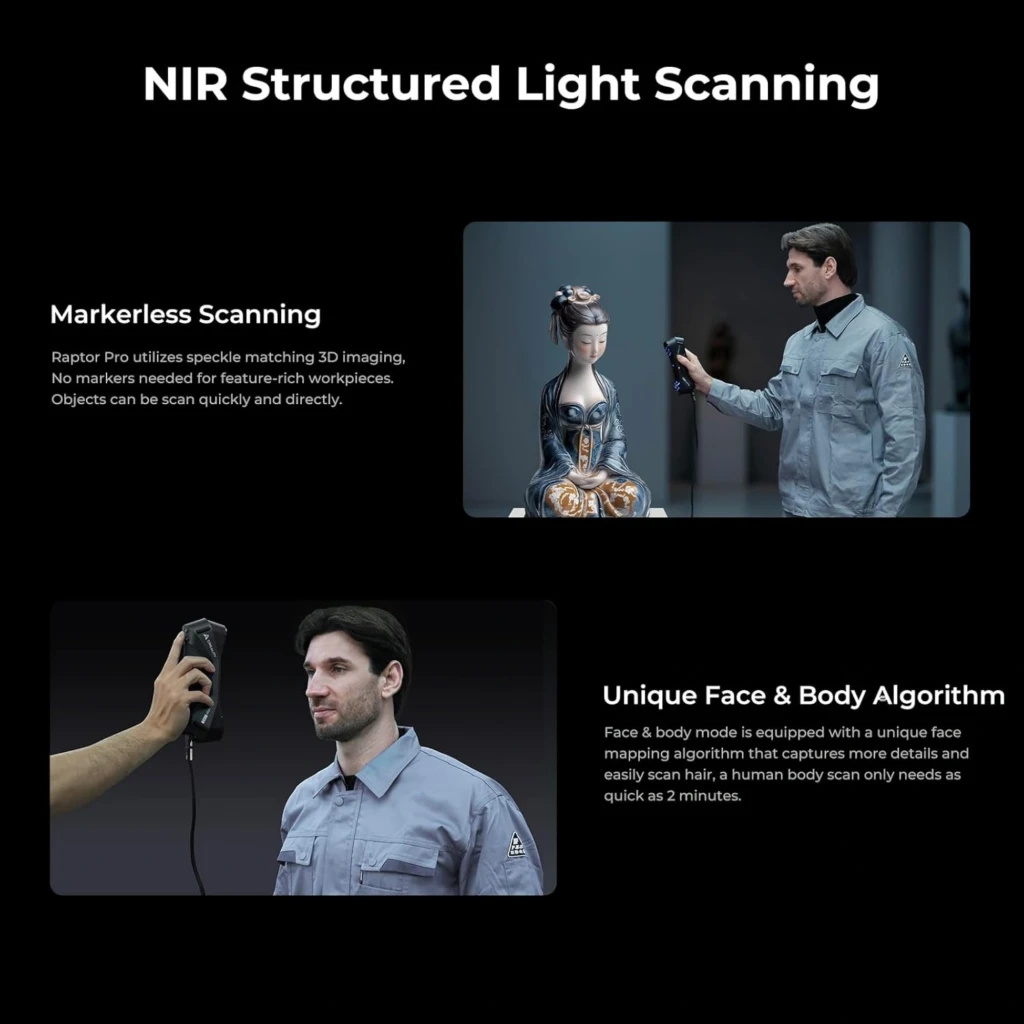 Creality CR-Scan Raptor Pro escáner 3D portátil negro con luz estructurada NIR, botón superior y empuñadura ergonómica; ideal para rostro y cuerpo