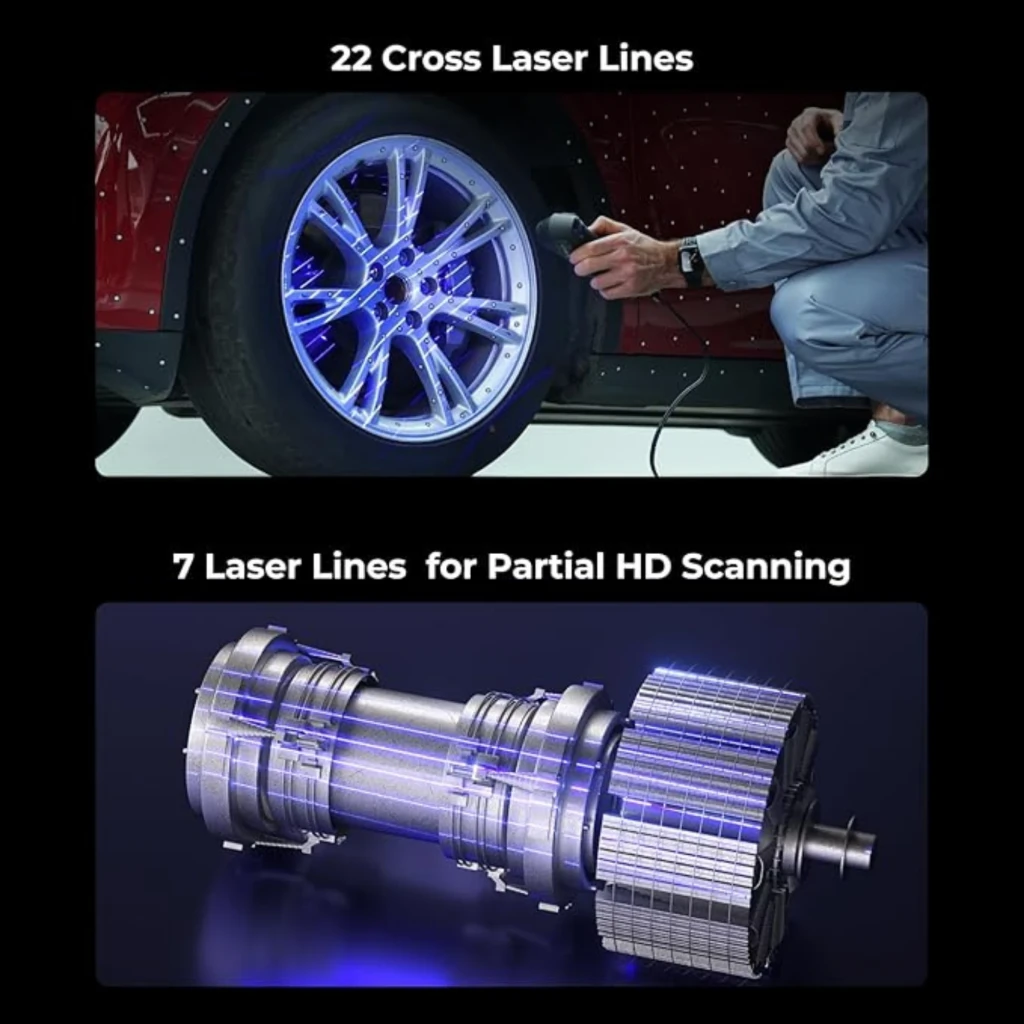 Creality CR-Scan Raptor Pro escaneando una llanta con 22 líneas láser cruzadas y un motor con 7 líneas láser, luz azul intensa y detalle 0,02 mm a 60 fps