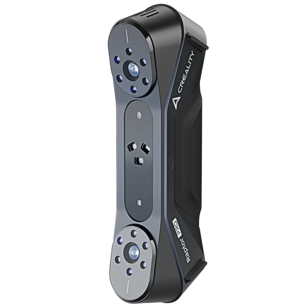 Creality CR-Scan Raptor Pro Escáner 3D inalámbrico, cuerpo negro compacto con doble módulo óptico frontal, sensores azules y agarre texturizado