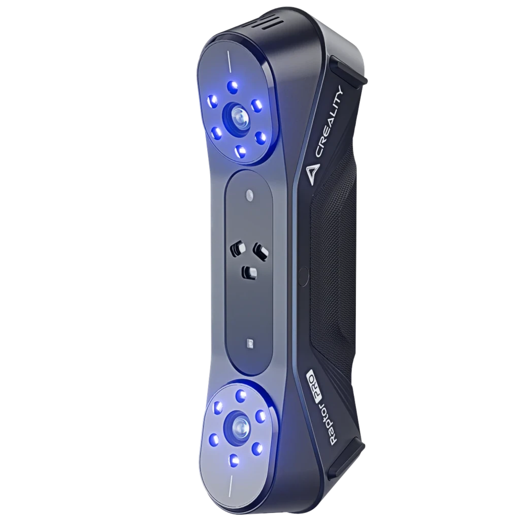 Creality CR-Scan Raptor Pro Escáner 3D 0,02 mm 60 fps Inalámbrico, cuerpo gris compacto con dos módulos de sensores LED azules y agarre lateral texturizado