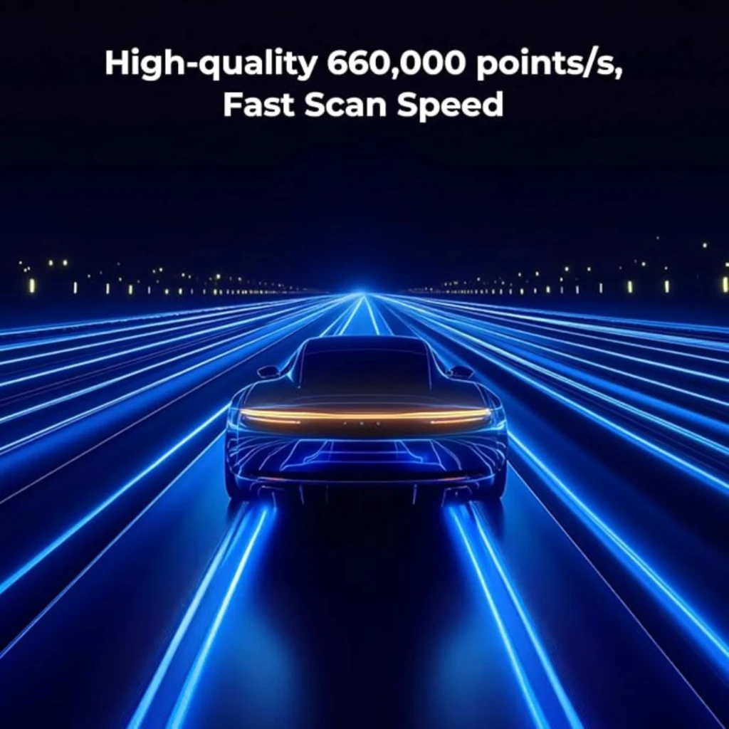 Creality CR-Scan Raptor Pro Escáner 3D 0,02 mm 60 fps Inalámbrico con líneas azules futuristas que simbolizan velocidad de escaneo 660000 puntos s