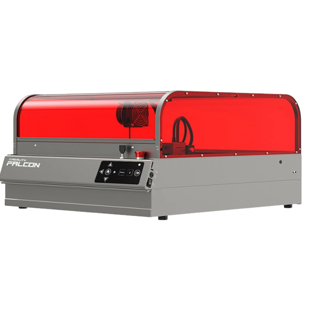 Creality Falcon 2 Pro S gravadora a laser 40 W com gabinete cinza e cobertura vermelha translúcida, painel frontal com botões e ventilação traseira