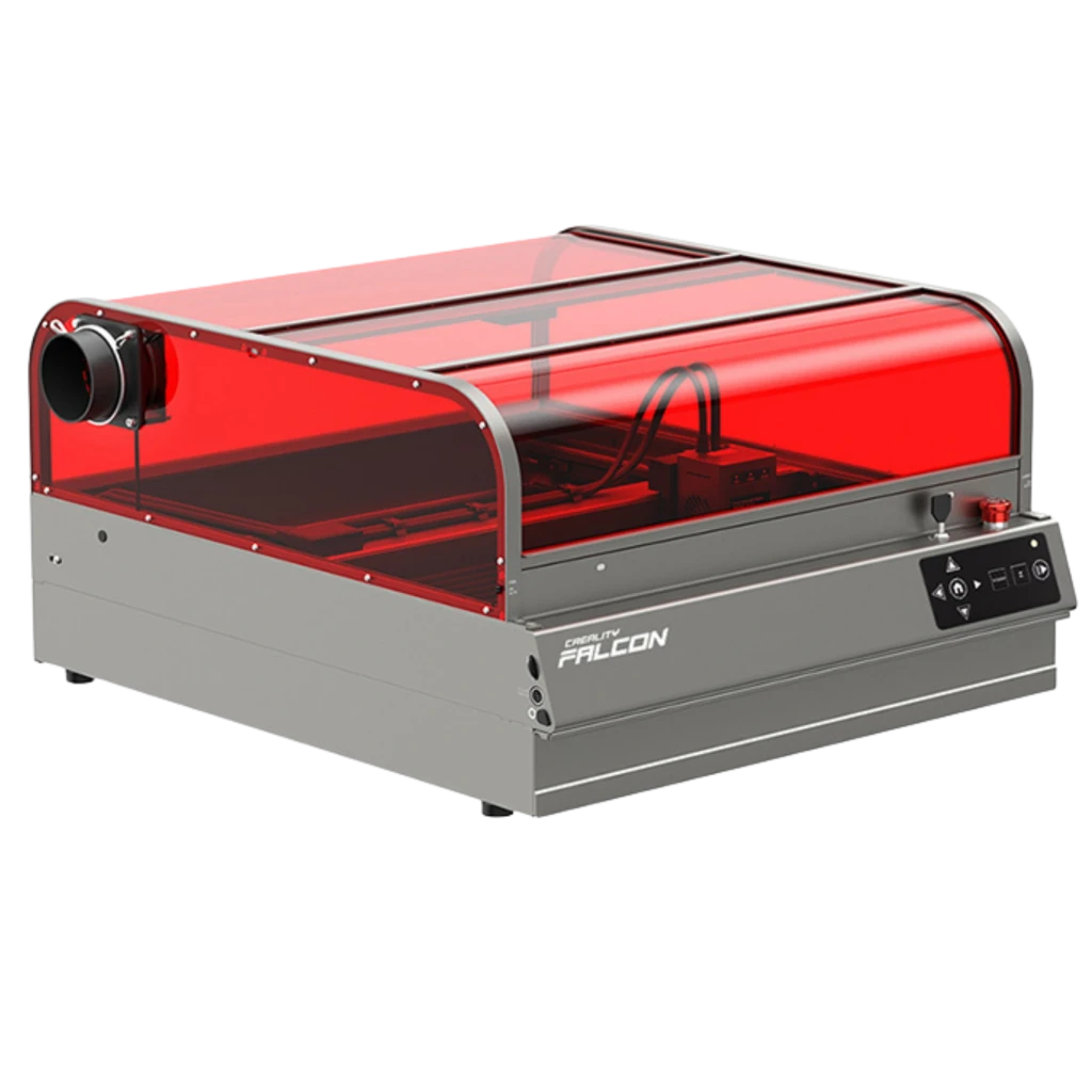 Creality Falcon 2 Pro S Gravadora a laser 40 W com proteção vermelha, corpo metálico cinza, painel de controle frontal e área de trabalho 355 × 390 mm