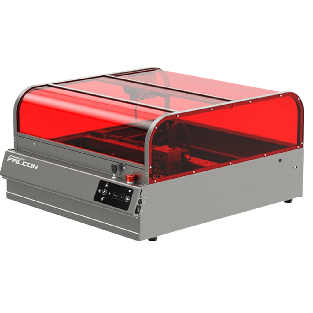 Creality Falcon 2 Pro S gravadora a laser 40 W com gabinete cinza e tampa acrílica vermelha, área 355 × 390 mm, painel frontal com botões e visor