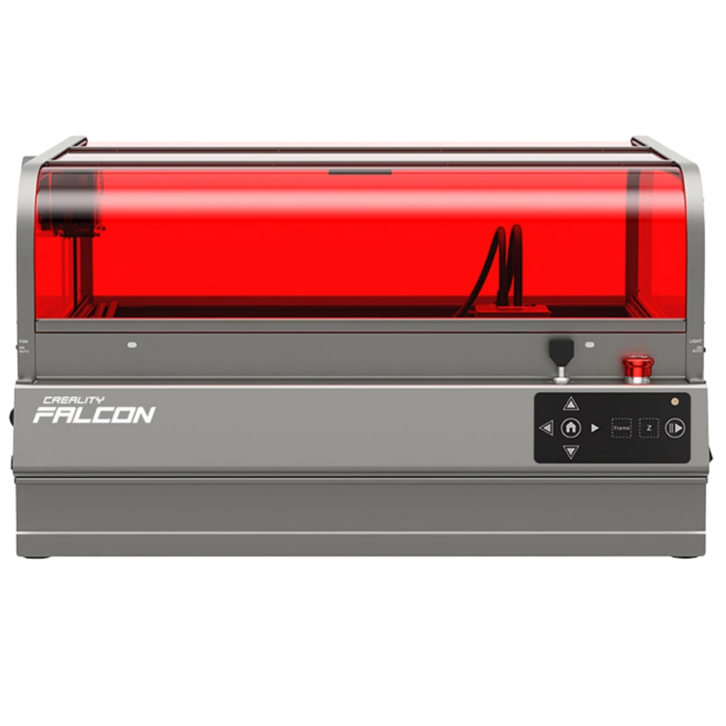 Creality Falcon 2 Pro S Graveur laser 40 W 355 × 390 mm avec capot rouge translucide, châssis métal gris, panneau de contrôle frontal et bouton arrêt