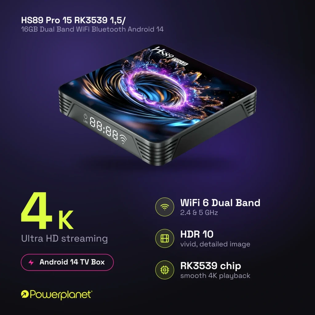 TV Box HS89 Pro 15 compacto con pantalla LED frontal, puerto USB y ranuras laterales; diseño negro con bordes estriados y gráfico 4K en la parte superior