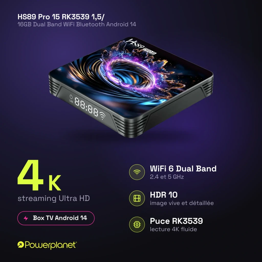 HS89 Pro 15 RK3539 2/16GB, box TV Android 14 compacto con pantalla LED frontal, puertos traseros, WiFi 6 Dual Band, HDR10 y reproducción 4K Ultra HD