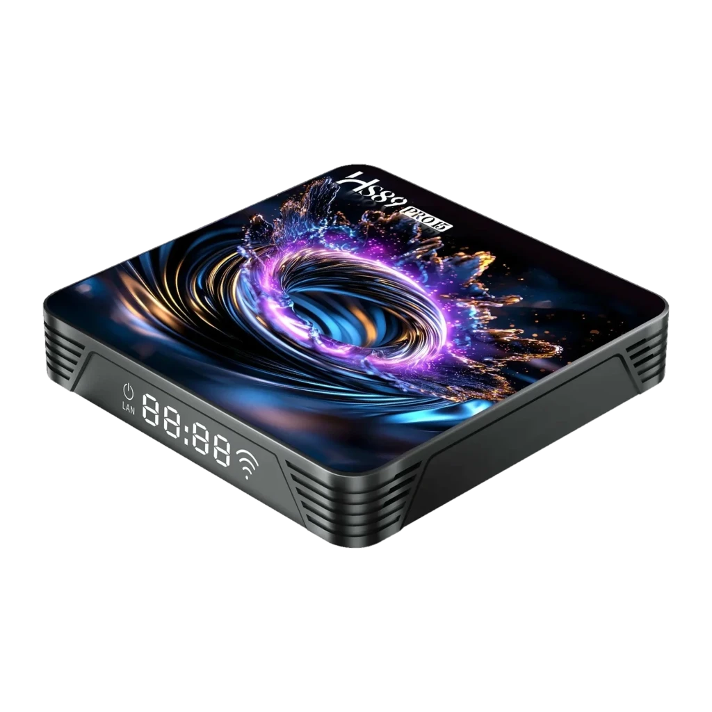 Caja multimedia compacta HS89 Pro 15 con pantalla LED frontal, puertos laterales y tapa superior con gráfico luminoso; diseño negro moderno y bordes ranurados