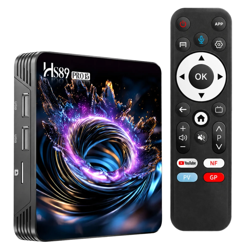 Reproductor multimedia compacto con carcasa negra ventilada, puertos laterales USB y microSD, frontal con gráfico luminoso y control remoto con teclas de apps