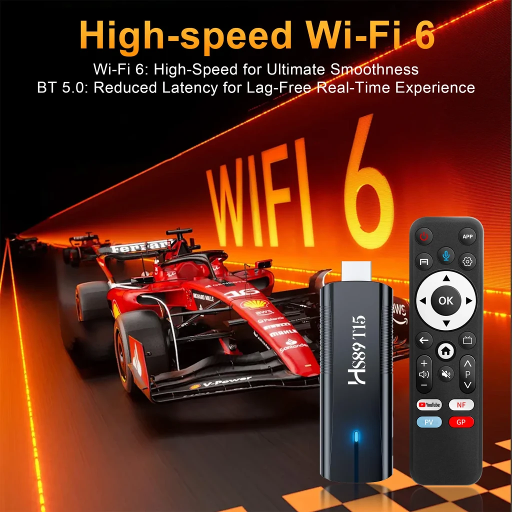 HS89 T15 RK3539 TV Stick negro con HDMI; mando a distancia incluido. Destaca WiFi 6, 4K, botones de control, diseño compacto y luz indicadora LED