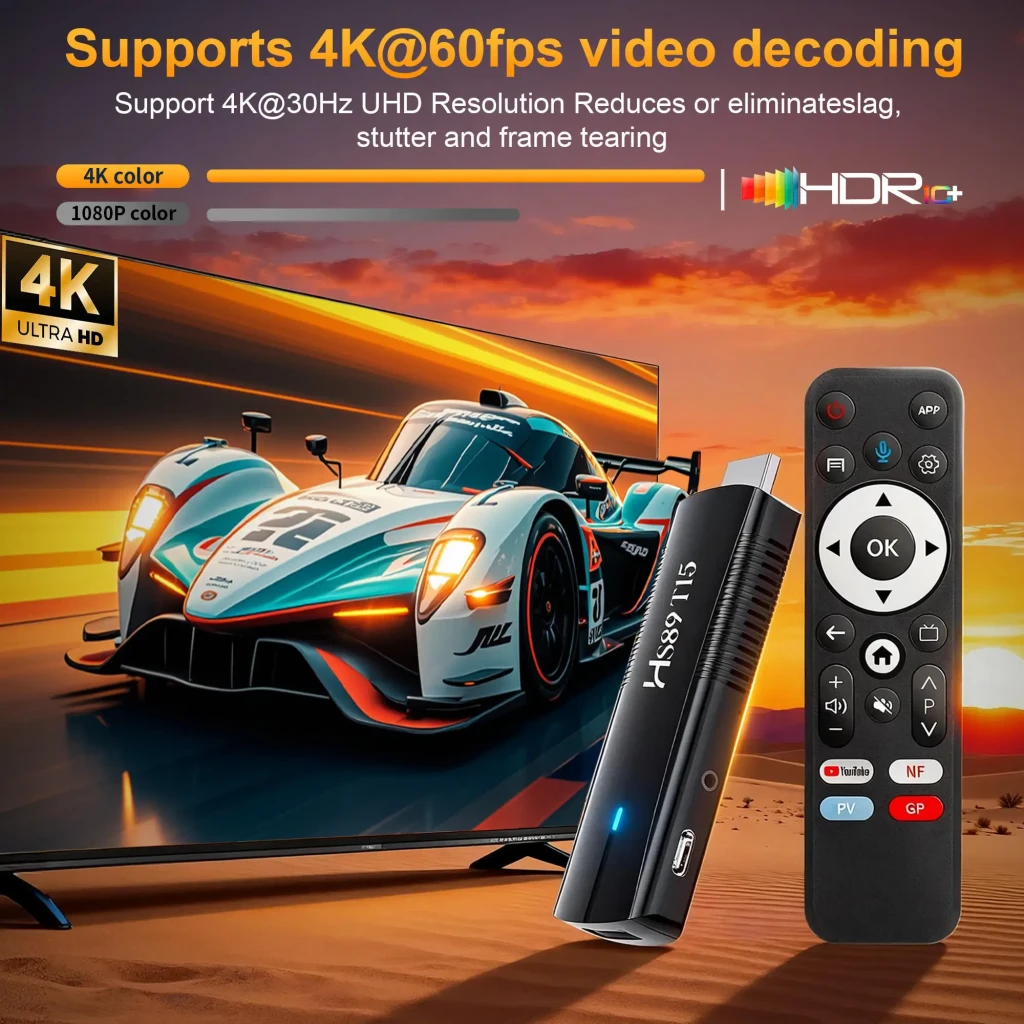 HS89 T15 RK3539 TV Stick compacto, puerto HDMI integrado, USB lateral y LED; mando a distancia con botones multimedia; soporte 4K HDR y WiFi 6 Dual Band