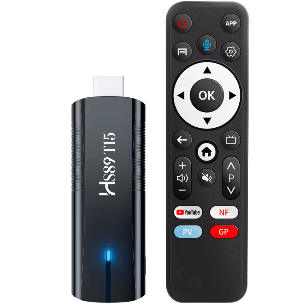 HS89 T15 RK3539 TV Stick 4GB/32GB con mando: dongle HDMI negro con luz LED azul y control remoto con micrófono, botones de apps y navegación 4 direcciones