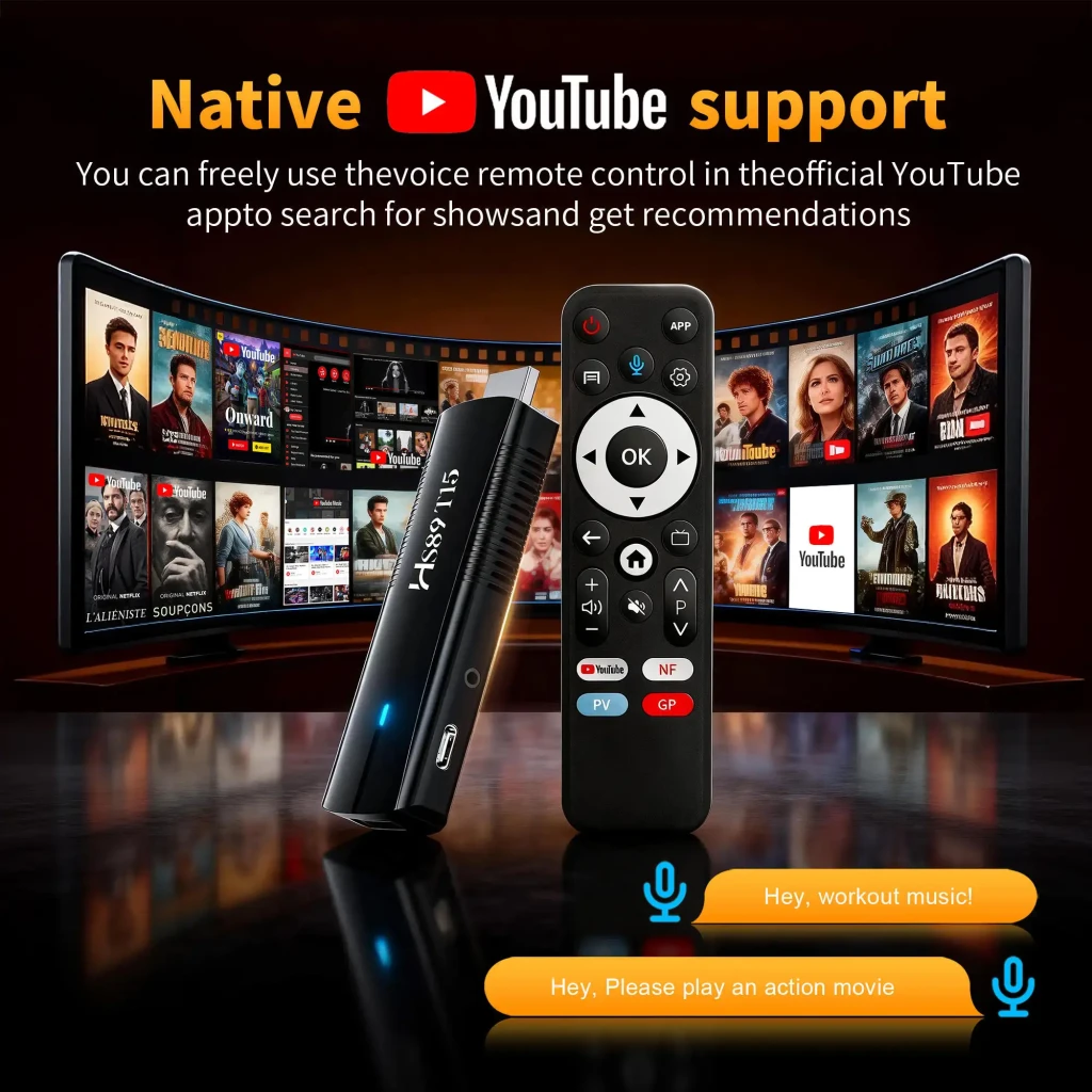 HS89 T15 RK3539 TV Stick negro con mando por voz; 4GB/32GB, 4K, WiFi 6 dual band. LED lateral azul, puertos laterales y diseño compacto para streaming.