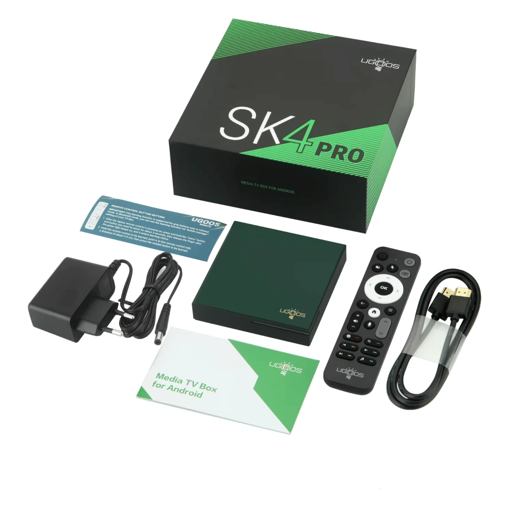 UGOOS SK4 Pro S905X5M-K Android TV Box 4K en verde y negro con control remoto, adaptador de corriente, cable HDMI, manual y tarjeta de garantía