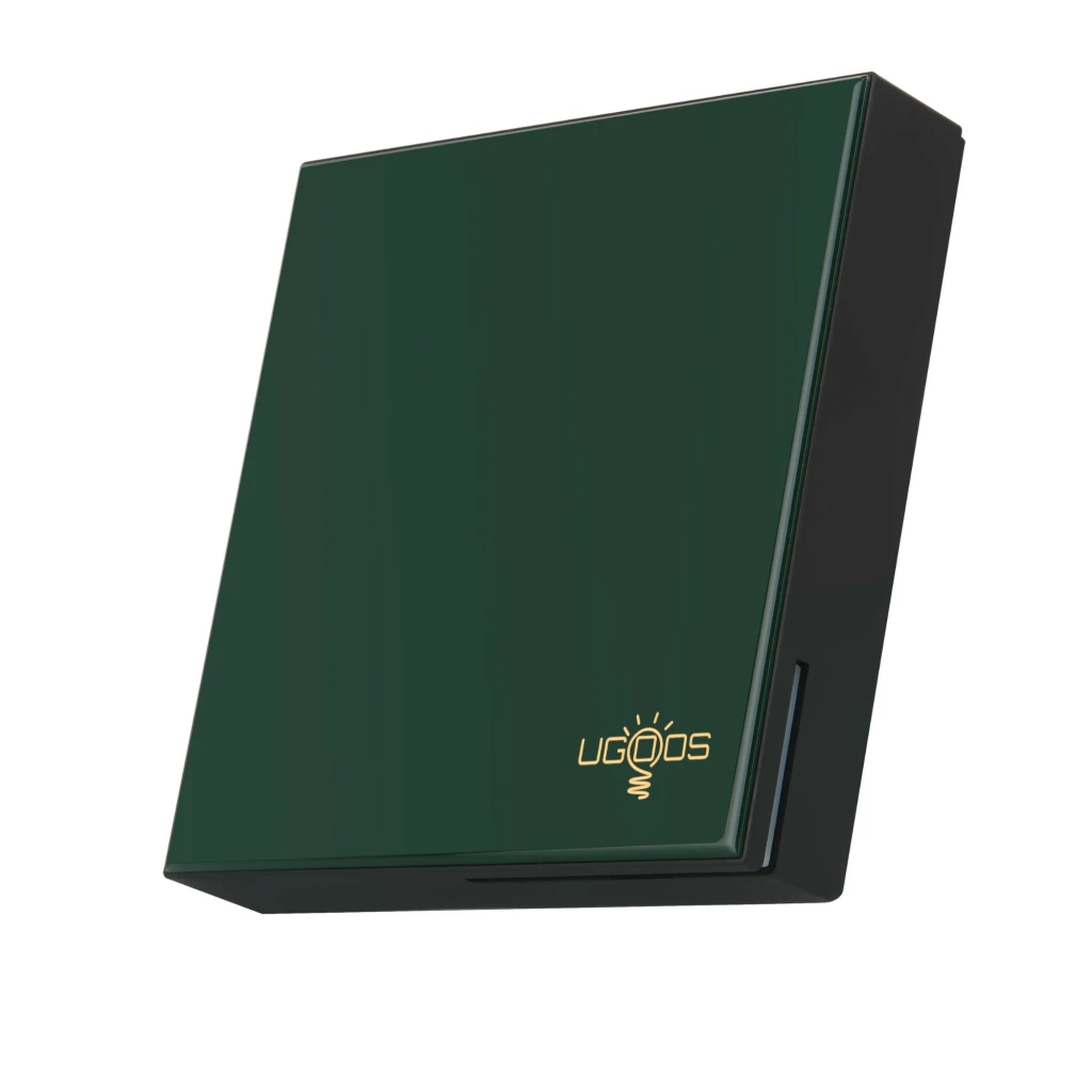 UGOOS SK4 Pro S905X5M-K Android TV Box 4K en color verde oscuro con logo dorado, diseño angular compacto, compatible Dolby Vision Atmos y Widevine L1