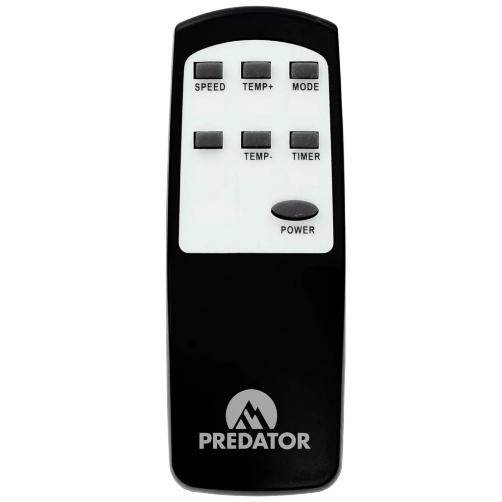 Control remoto negro Glaziar Predator S30PLUS con botones SPEED, TEMP+, MODE, TEMP−, TIMER y POWER, diseño compacto bicolor y logo Predator en la base