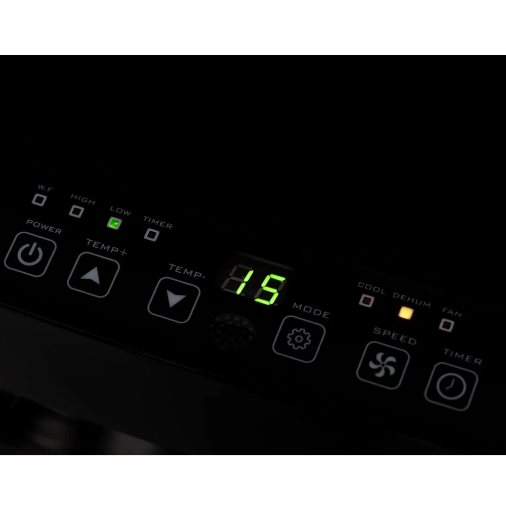 Panel de control del Glaziar Predator S30PLUS negro con pantalla LED verde 15, botones táctiles de power, temp, modo, velocidad y luces indicadoras de