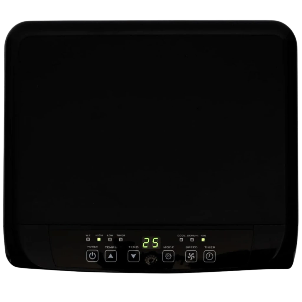 Glaziar Predator S30PLUS aire acondicionado portátil 9000 BTU negro con panel superior negro, display LED verde 25 y botones táctiles de modo, velocidad y