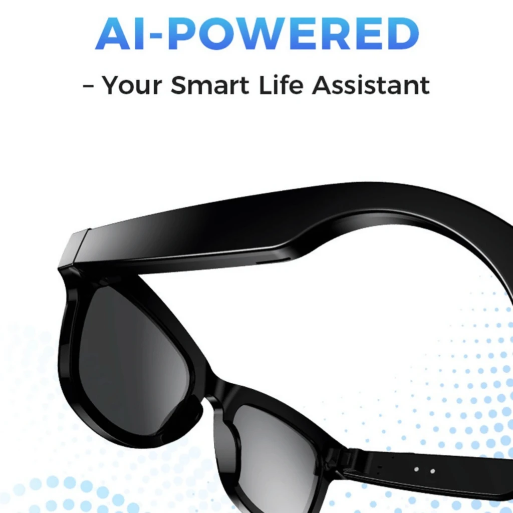 M01Pro AI Sunglasses Cámara 8MP Bluetooth 5.4: gafas negras con marco grueso, lentes oscuros, estilo moderno y diseño envolvente con asistente inteligente AI