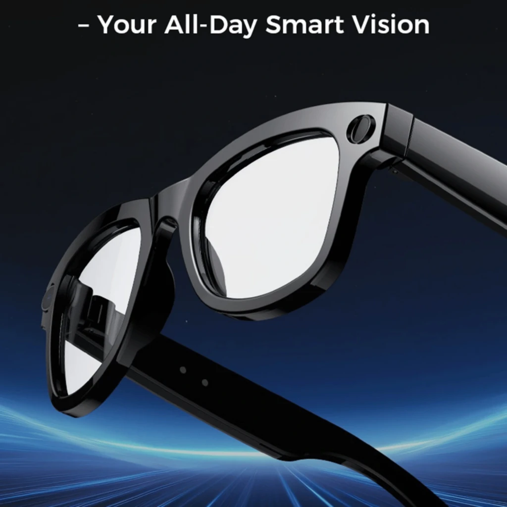 M01Pro AI Sunglasses Cámara 8MP Bluetooth 5.4 – montura negra brillante, diseño rectangular, bisagras robustas, lente clara, botón lateral integrado