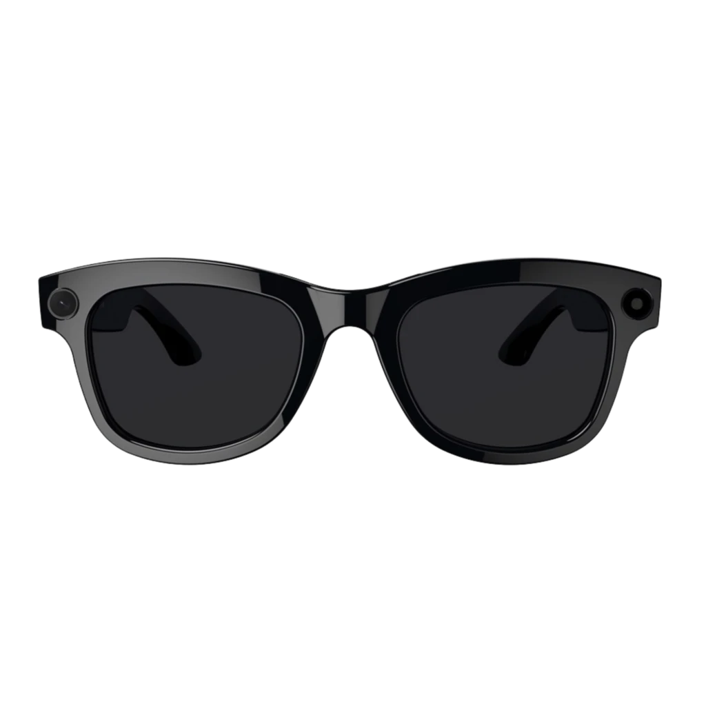 M01Pro AI Sunglasses Cámara 8MP Bluetooth 5.4 Gafas Inteligentes negras con montura gruesa, lentes oscuros y cámara integrada en la esquina del armazón