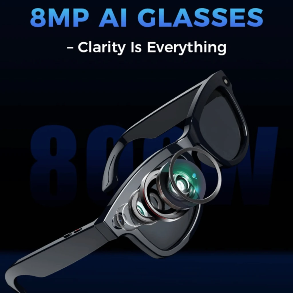 M01Pro AI Sunglasses Cámara 8MP Bluetooth 5.4 con lente desmontada en capas, montura negra elegante y cristales oscuros; claridad óptica y diseño moderno